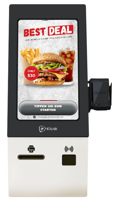 Borne Tactile de Commande – Lp.Kiosk Lotus Pecas Borne tactile de commande et de paiement autonome Lp.Kiosk par Lotus Pecas, affichant un menu de restauration rapide.