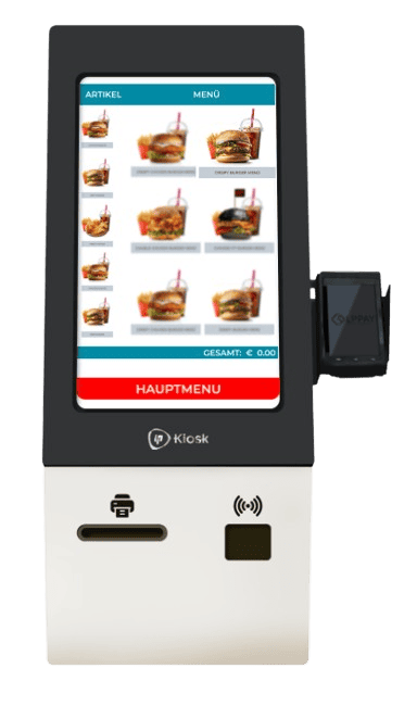 Borne Tactile – Catalogue Menus – Lp.Kiosk Borne tactile de commande Lp.Kiosk par Lotus Pecas affichant la grille du catalogue des menus de burgers disponibles