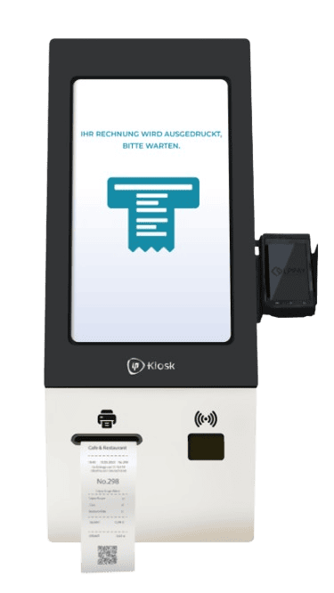 Borne Tactile – Impression Reçu – Lp.Kiosk Borne tactile Lp.Kiosk de Lotus Pecas en train d'imprimer un reçu avec QR code pour un café ou restaurant.