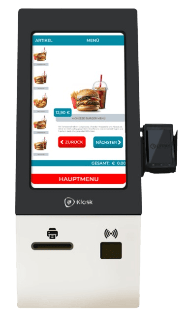 Borne Tactile – Sélection Menu – Lp.Kiosk Borne tactile de commande Lp.Kiosk par Lotus Pecas affichant l'écran de choix et de personnalisation d'un menu de restauration rapide.