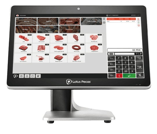 Terminal de Caisse Tactile Boucherie – Lotus Pecas Écran tactile de caisse enregistreuse Lotus Pecas affichant l'interface d'un logiciel de gestion pour boucherie et commerce de bouche.