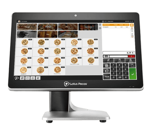 Terminal de Caisse Tactile – Lotus Pecas Écran tactile de caisse enregistreuse Lotus Pecas affichant l'interface d'un logiciel de gestion pour restaurant ou pizzeria.