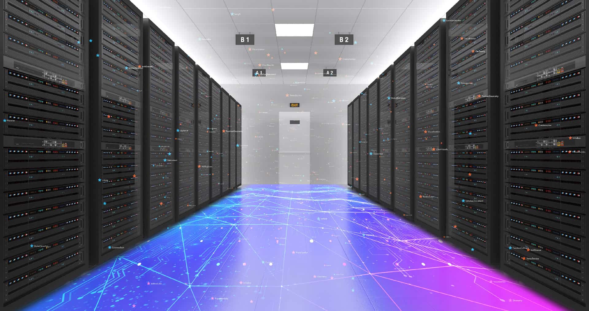 Hébergement Web et Cloud – Salle de Serveurs Allée de racks de serveurs informatiques dans un datacenter moderne avec des lignes de données lumineuses au sol, illustrant l'hébergement web et cloud.