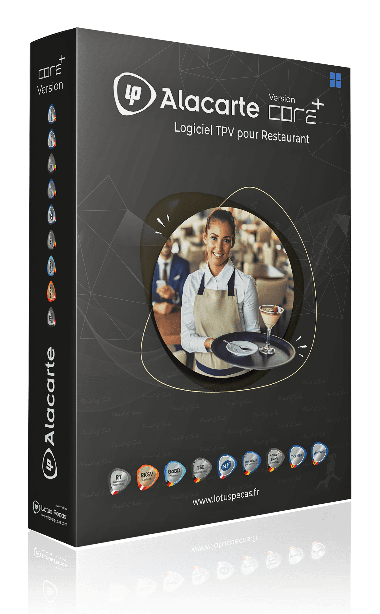 Logiciel Lotus Pecas – Lp Alacarte Boîte de présentation en 3D du logiciel Lotus Pecas Lp Alacarte destiné aux restaurants .